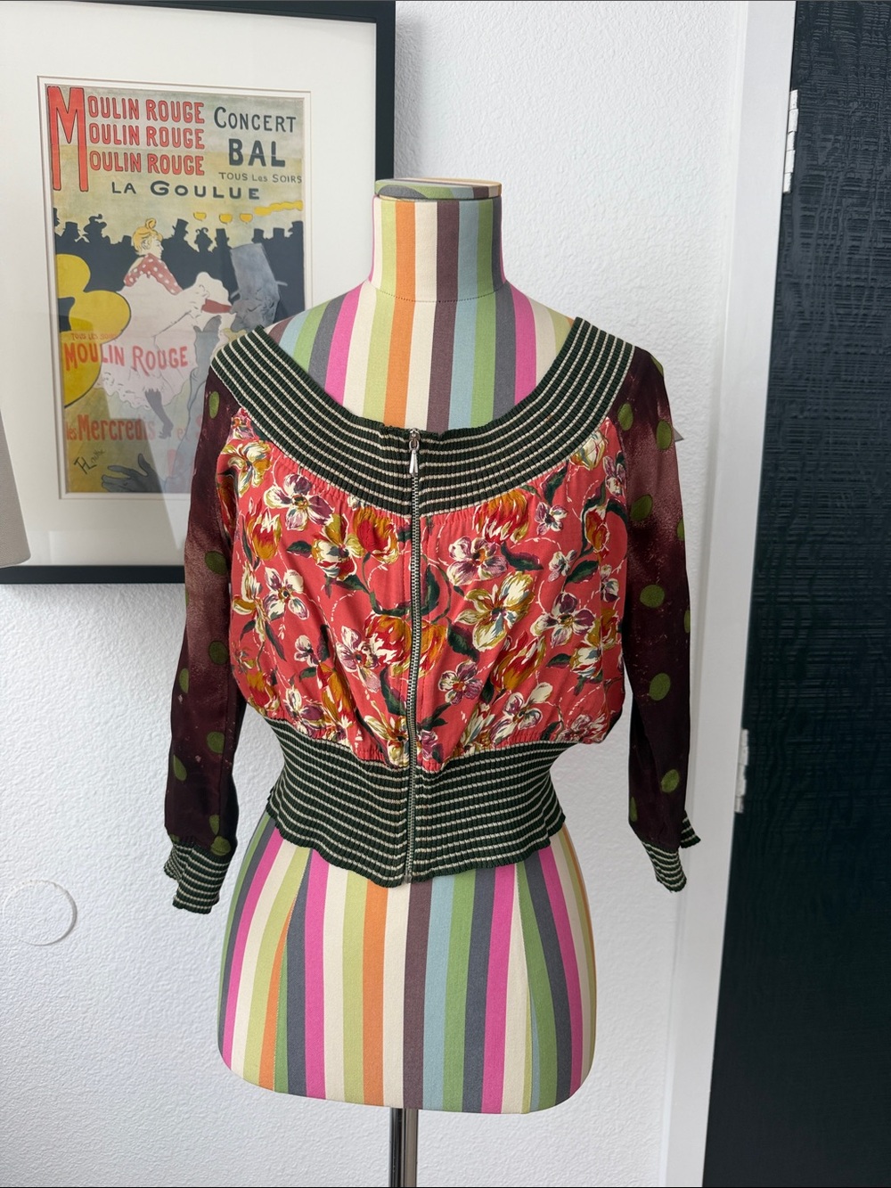 *FLAWS* Vintage JPG Jean Paul Gaultier FEMME Mixed Print Striped Trim Top Floral - Picture 3 of 9